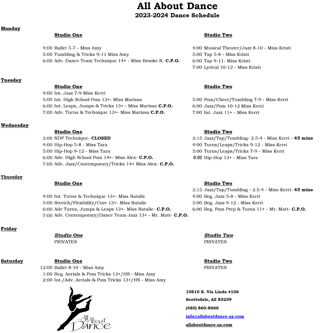 All About Dance 2023-2024 Dance Schedule