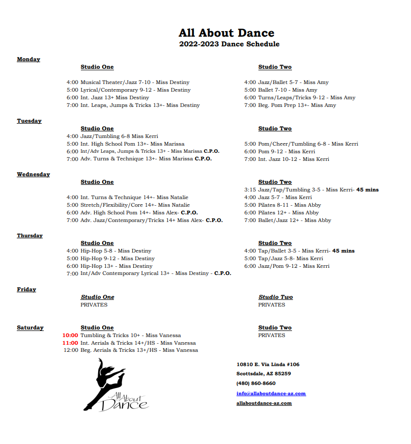 All About Dance 2020-2021 Dance Schedule