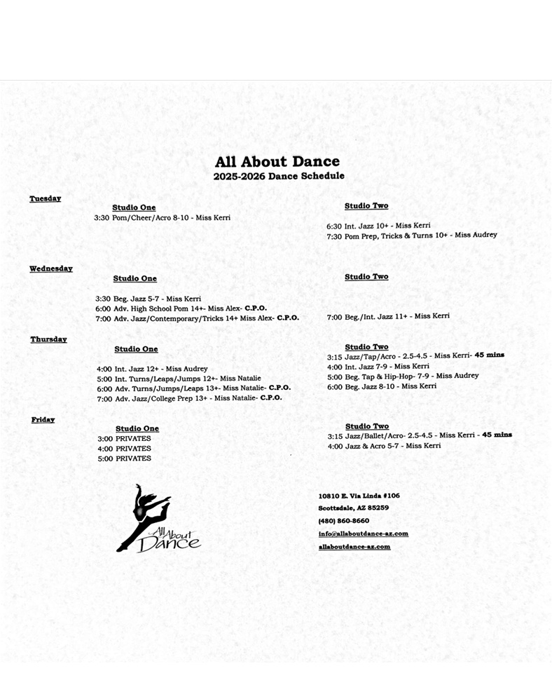 All About Dance 2025-2026 Dance Schedule